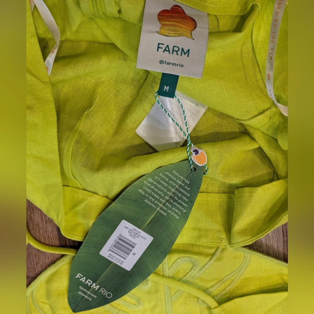 NWT Farm Rio Lime Green Monstera Midi Linen Viscose Blend Dress Size Medium - Picture 9 of 14